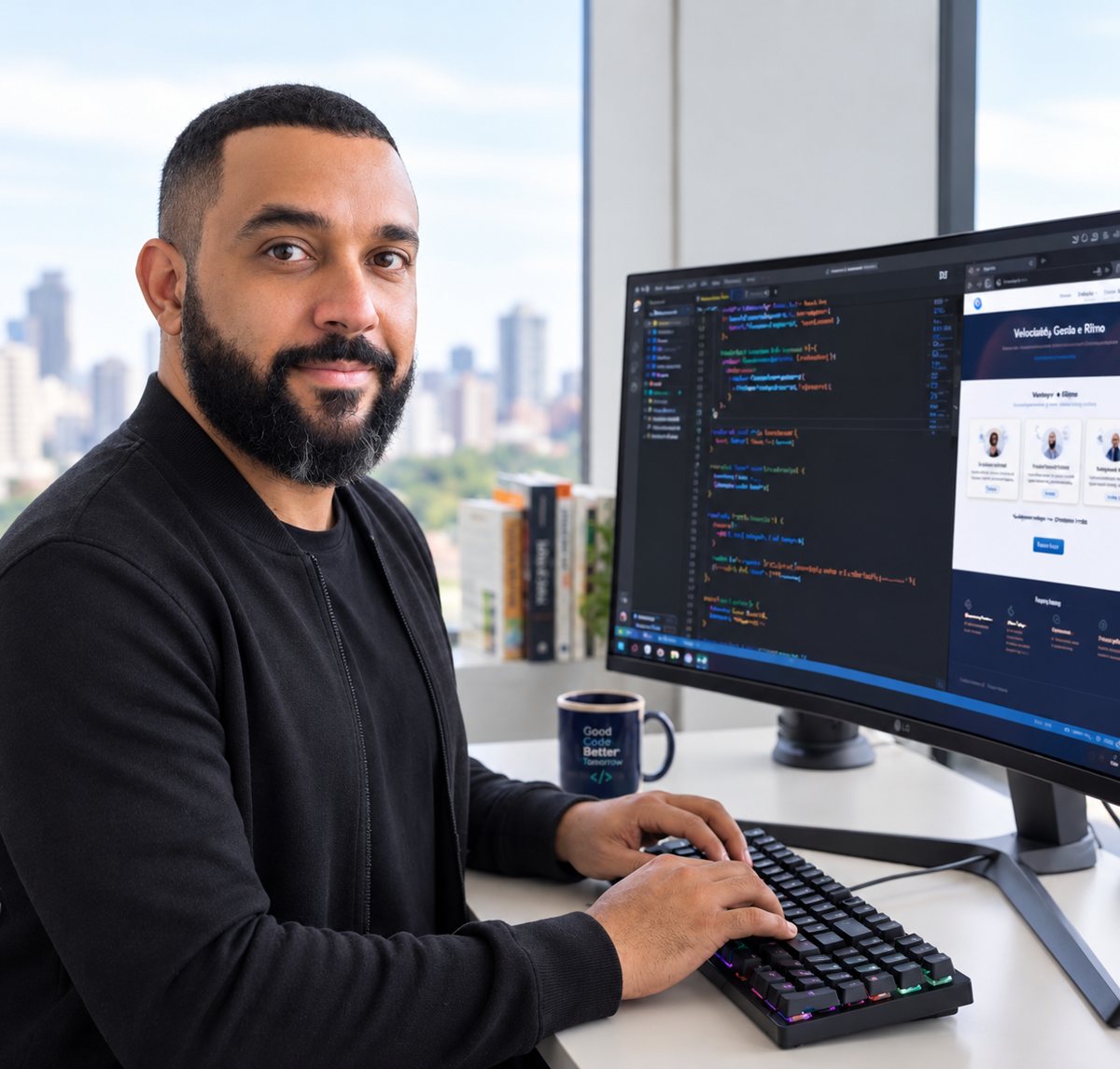 Rodrigo Rocha, fundador da bashell, na mesa de trabalho com o código de um site aberto no monitor